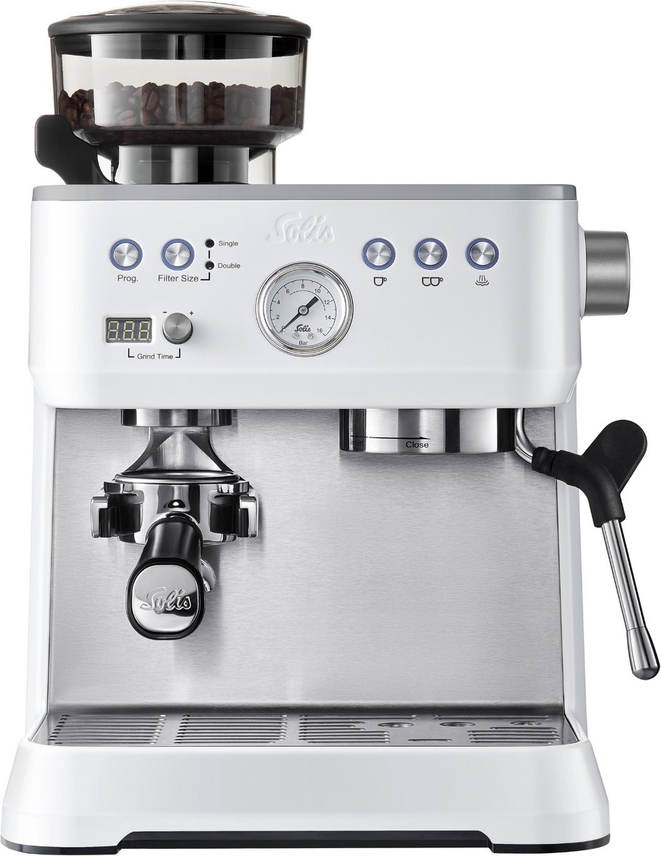 Solis Grind & Infuse Perfetta Pistonmachine - Espressomachine met Bonenmaler - Wit